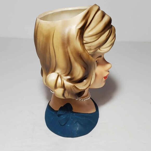 Lady Head Vase Blue Bow Pearls 5.5" - Picture 4 of 10
